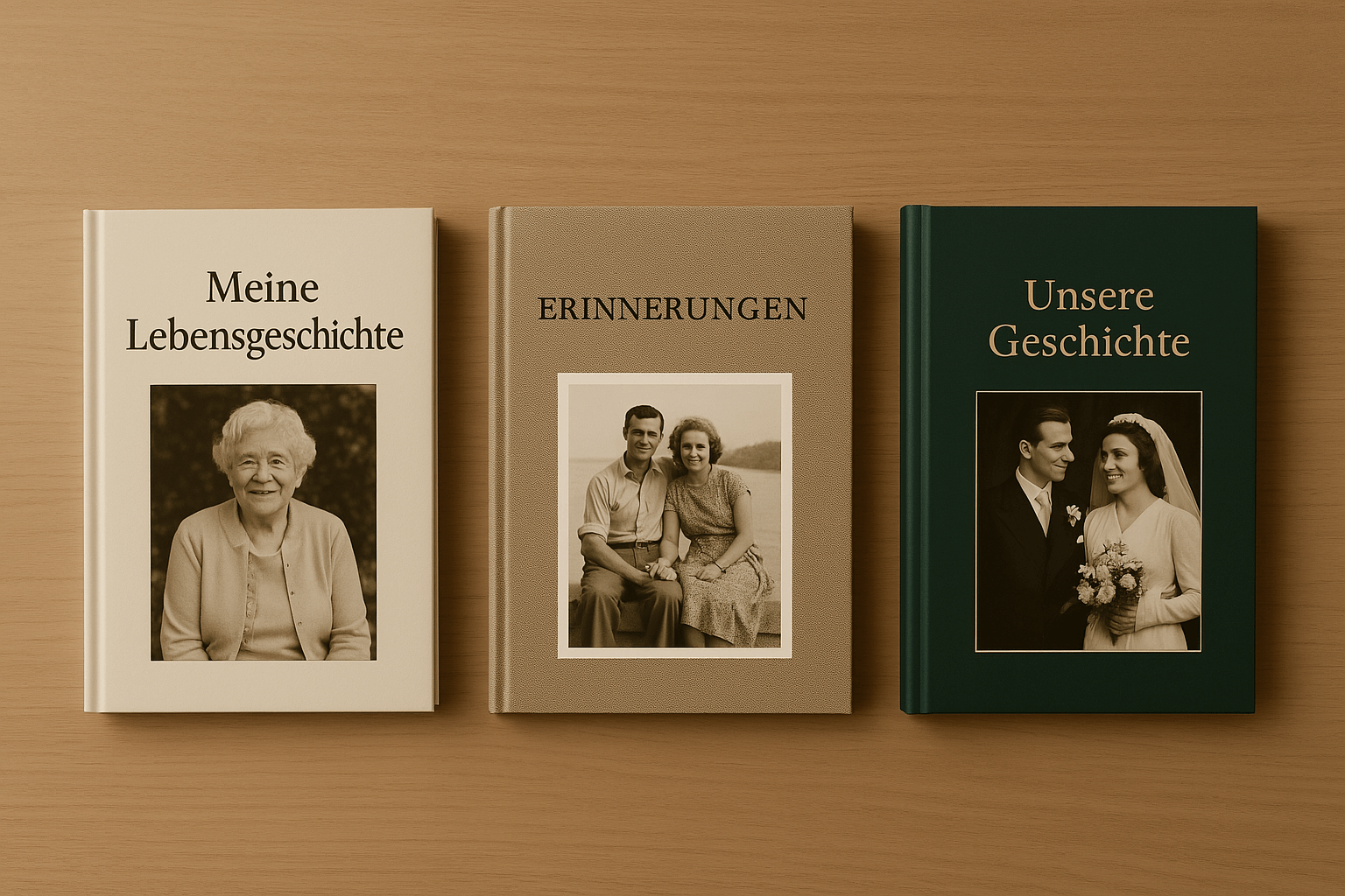 Beispiele unserer handgefertigten Memoiren - Drei elegante Bücher mit persönlichen Geschichten und Fotos